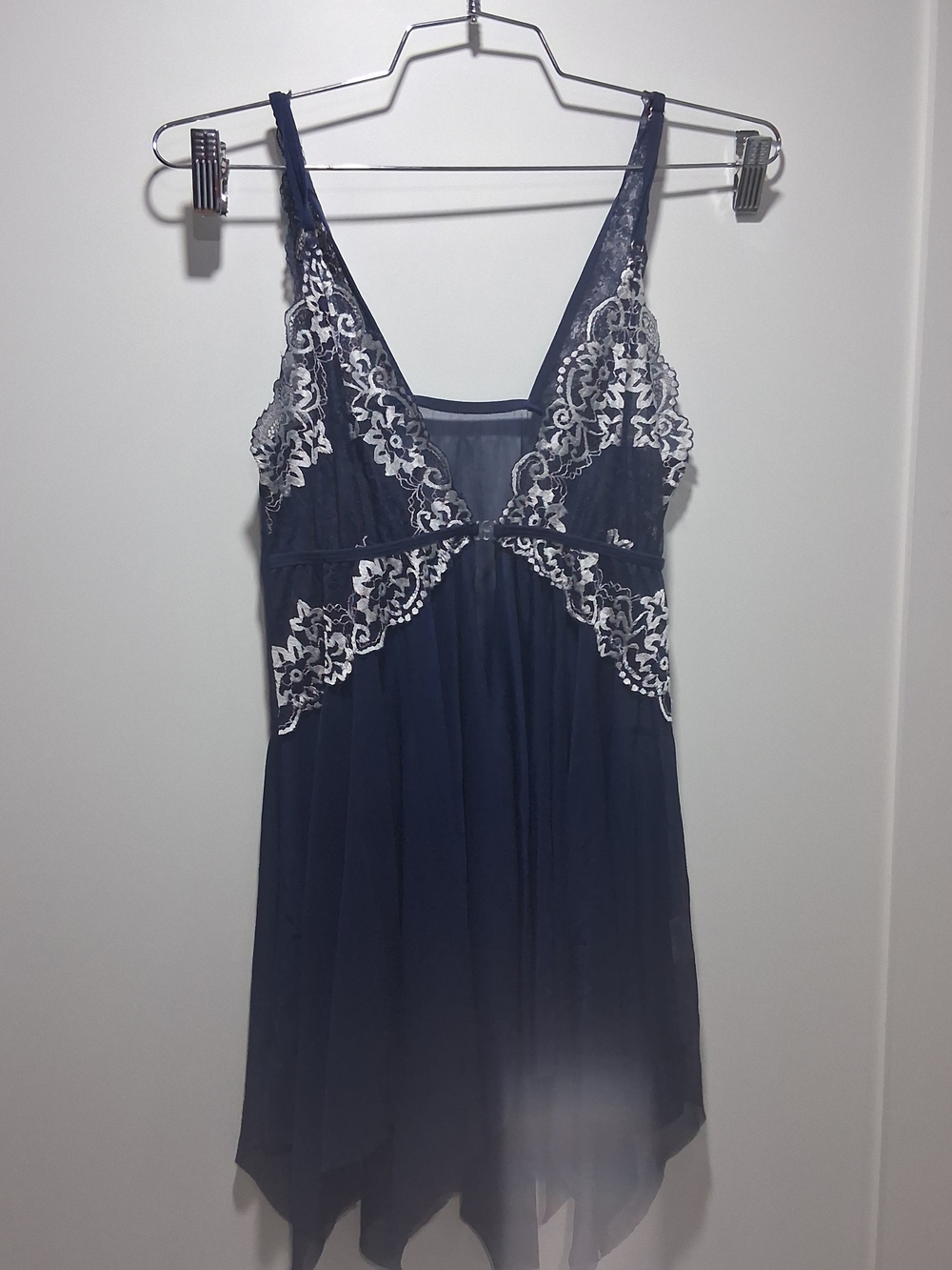 V-Neck Babydoll Nightgown Featuring White Floral Lace Trim on Bodice S